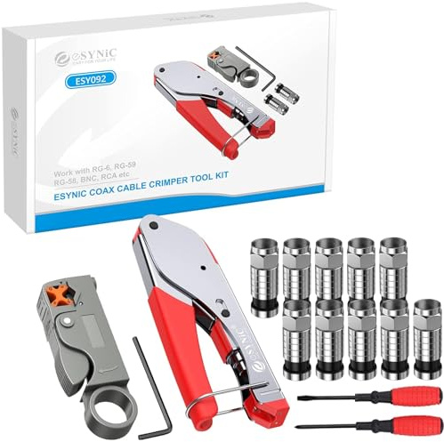 eSynic Professional F-Type Compression Crimping Tool Coax Crimping Tool Coax Cable Crimper Tool Kit for RG6 with 10pcs RG6 Crimp Connectors a Rotary Coaxial Cable Cutter and 2Pcs Screwdrivers