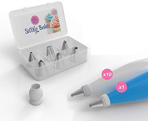 Swirly Bake Juego de 20 piezas para decoración tartas. Boquillas manga pastelera acero inoxidable, 1 bolsa reutilizable, acoplador, 10 bolsas desechables, caja almacenamiento. Libro electrónico