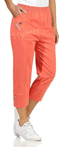 URBAN STITCH Womens Capri Trousers Ladies Three Quarter Soft 3/4 Cropped Pants UK Ladies Stretch Pull on Trousers Elasticated Waist Plus Size Summer Shorts (20, Coral)