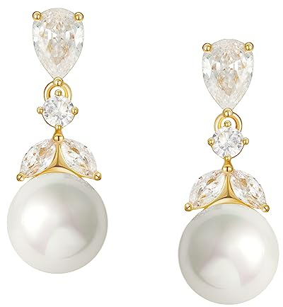 SWEETV Cubic Zirconia Pearl Drop Wedding Earrings for Brides, Ivory Bridal Pearl Earrings for Bridesmaid Jewelry Gift (01.Style 1-Gold)