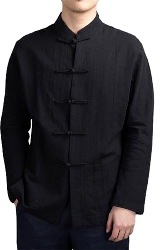 Tang Tops Uniforme Hombres Otoño Estilo Chino Camisa Top Mandarín Cuello Manga Larga Bolsillos Disco Botón Tradicional Kung Fu Tai, Negro, M