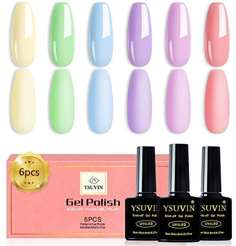 YSUVIN Smalto Semi Permanente Pastello, 6 Colori Rosa Viola Blu Verde Giallo Summer Macaron Smalto Gel Unghie Soak Off UV/LED Home DIY Nail Art Salon Francese Manicure, Di Lunga Durata