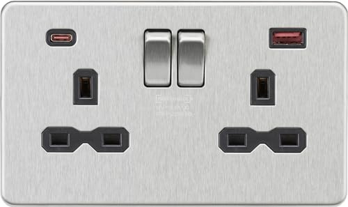 Knightsbridge 13A 2G DP Switched Socket with Dual USB A+C [45W FASTCHARGE] - Brushed Chrome with black insert