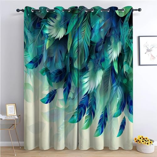 CozyRest Eyelet Blackout Curtain 92 W x 54 L Blue Green Feathers And Leaves Thermal Insulated Ring Top Curtains for Living Room Gaming Room Noise Reduction Privacy Protection Curtain