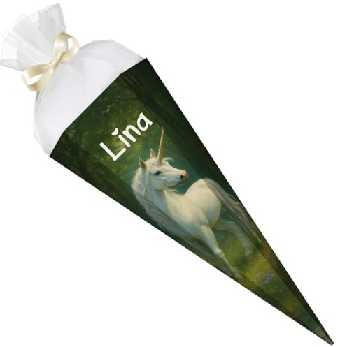GRAVURZEILE - Cornet surprise imprimé - Forêt de licorne - Personnalisable avec nom - Cadeau de rentrée des classes - Sac à sucre hexagonal pour garçons et filles - 61 cm avec fermeture en tulle