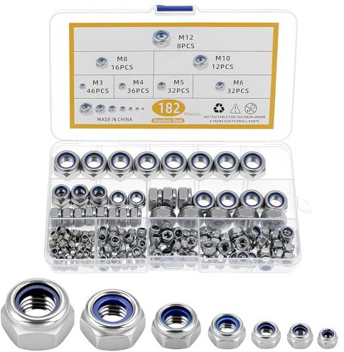 QWORK® 182 piezas de tuercas de bloqueo autoinmóviles de acero inoxidable 304 con inserto de nailon, varios tamaños M3/M4/M5/M6/M8/M10/M12