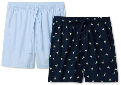 Amazon Essentials Pantalones Cortos de Pijama de Popelina Elástica y Algodón para Estar por Casa Hombre, Paquete de 2