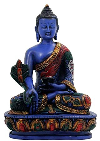 Healing Lama - Buda de la Medicina. Figura de Buda Pintada a Mano de 14 cm de Alto, Multicolor, Azul, Pintada a Mano, para Paz y relajación.