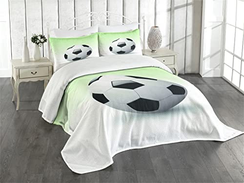 ABAKUHAUS Sport Tagesdecke Set, Fußball Fußball-Spielball, Set mit Kissenbezügen Waschbar, für Einselbetten 170 x 220 cm, Schwarz Weiß
