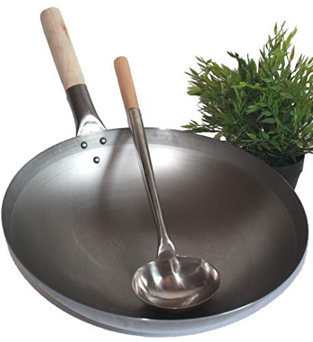 AAF Nommel ®, WOK SET, Pfanne 40 cm Ø runder Boden Carbon Stahl für Gasherd und Induktion Mulde + Wok Kelle Edelstahl 44 cm lang mit Holzgriff