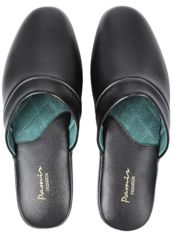 Pamir Pantofole da uomo in vera pelle, con suola in memory foam e suola esterna in pelle,Nero, 42.5 EU Large