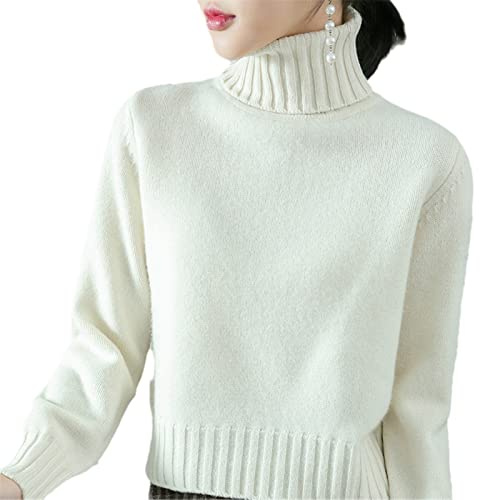 Kelsiop 100% lana suéter de cachemira de las mujeres suéter de cuello alto jersey de moda caliente de punto de abajo camisa, blanco, M