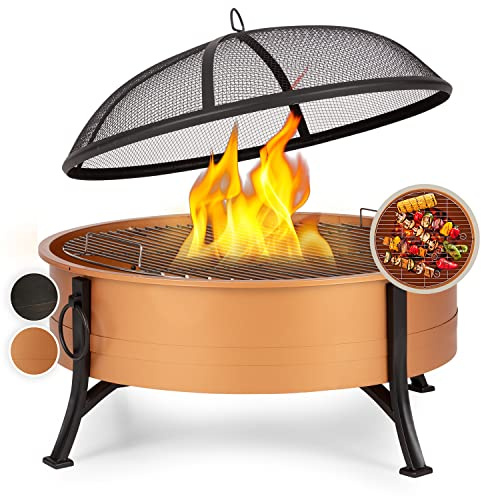 blumfeldt Brasero Exterieur Le Jardin, Brasero Plancha Portable Grille de BBQ, Pare-Etincelles, Bol en Acier, Brasero Barbecue Foyer Camping, Brûleur à Bois Résistant aux Intempéries Cuivre