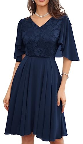 GRACE KARIN Women Autumn Short Sleeve Midi Dress Flatting Evening Chiffion Cape Dresses for Prom Dinner Size 14 Navy Blue