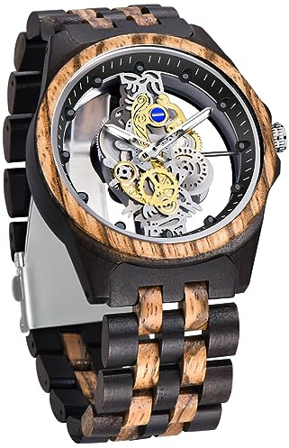 Dentily Men's Hollow Analog Wooden Watch Retro Gear Carving Design Transparent Dial Quartz Watch for Men