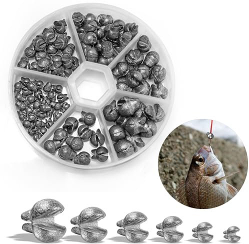 VEPEPE 100 Stück Bleischrot Angelblei, Schrot Blei Angeln mit Aufbewahrungskiste, 6 Größe Schrotblei 0.5g 1g 1.5g 2g 3g 4g Herausnehmbare Schrot Angel Blei für Karpfen Angeln (Silber, 6 Größe)