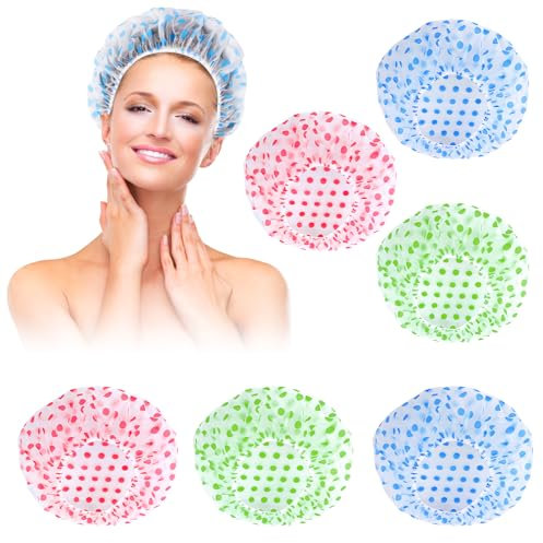 6 Stücke Duschhaube Damen,Elastische Duschkappe,Wiederverwendbare Wasserdichte Duschhauben,für Mädchen Frauen Dusche Spa Salon Hauptgebrauch (Blau, Grün, Rot)