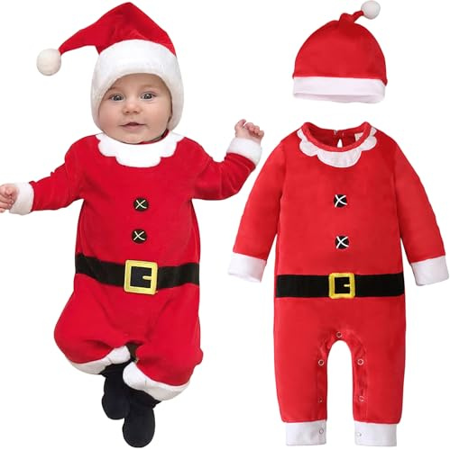 Ninivi Tenue Noel Bebe, Pyjama Noel Bebe Garcon Fille, Costume Noël Bambin Manches Longues, Tenue Lutin Christmas Bébé, Jolie Combinaison de Costume Pere Bébé Noël + Bonnet de Christmas (0-18 Mois)