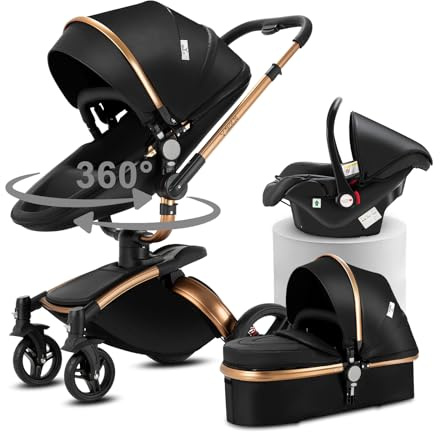 Doraystar 360° Drehung PU-Leder Kinderwagen 3 in 1, Kombikinderwagen 3 in 1 mit Zwei Umkehrbaren Schiebemodi, Kinderwagen Komplettset mit Ein-Klick-Faltdesign, Rahmen Aluminiumlegierung (906 Black)