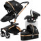 Doraystar 360° Drehung PU-Leder Kinderwagen 3 in 1, Kombikinderwagen 3 in 1 mit Zwei Umkehrbaren Schiebemodi, Kinderwagen Komplettset mit Ein-Klick-Faltdesign, Rahmen Aluminiumlegierung (906 Black)