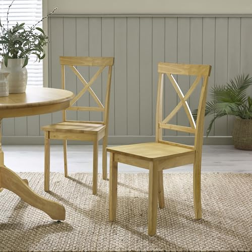 Furniturebox UK Wooden Dining Chairs - 2x Millford Oak Stained Solid Wooden Dining Chairs - Cross Back - Modern Rustic Farmhouse Furniture - Solid Rubberwood