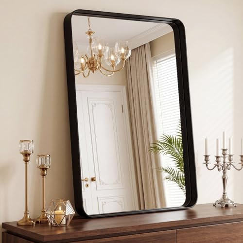 Clevich Wall Mirror, 90x60cm Rectangle Bathroom Mirror with HD Explosion-proof Tempered Glass, Black Aluminum Alloy Frame，Curved Corners & Pre-installed Hooks for Living Room/Bedroom/Entryway/Hallway