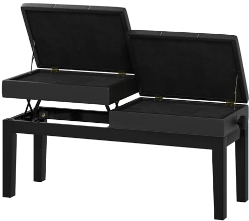 HOMCOM Banc de Piano réglable en Hauteur, Tabouret de Piano avec Rangement, Banquette pour Clavier capitonné, Pieds en Bois d'hévéa, Noir