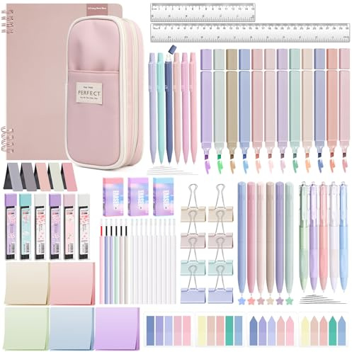 YIBONIKA 80 PZ Articoli di Cancelleria Estetici con Astuccio Rosa e Quaderno, 12 Evidenziatori Pastello, 6 Penne Colorate, 5 Penne Nere, 6 Matite Meccaniche, Set di Cancelleria per Scuola e Ufficio