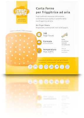 CrispHunter Carta Forno per Friggitrice ad Aria - 100 Pezzi Rotondi Antiaderenti e Senza PFAS - Perfetti per Friggitrice ad Aria 21.5 x 21.5 cm (Fogli)