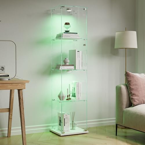 BPKADHY glasvitrinskåp stående med LED-belysning, glasvitrinskåp stående med 4 glasgolv och 1 glasdörr, vitrinskåp för vardagsrum kontor samlarobjekt böcker vin vit