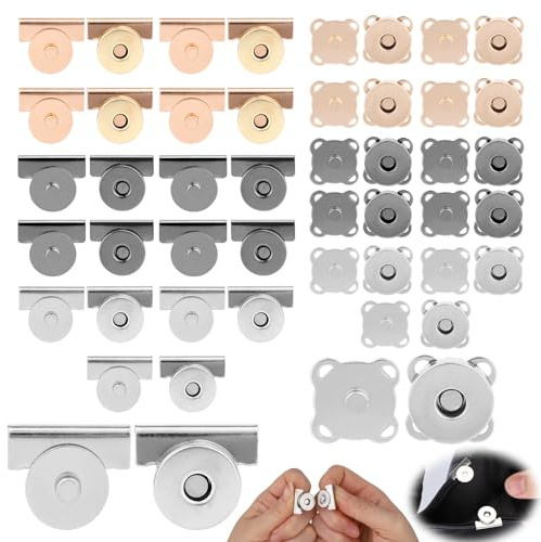 Goktvai 24 Sets Seamless Magnetic Snaps, Metal Magnet Buckle Clasp No-Sew Button Closure Fastener for Purses Clothes Bags Totes Leather DIY Craft (Black, Silver, Gold)