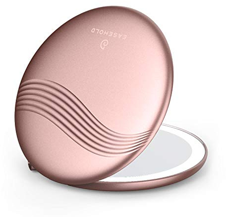 EASEHOLD Compact LED Magnifying Travel Makeup Mirror, 4 inch 1X/3X Magnification Portable Small Hand Pocket Mirror, Dimmable Double Sided USB Rechargeable Touch Screen (Rose Gold)