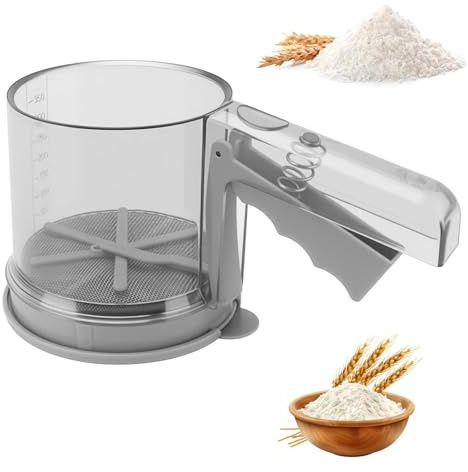 Gykutix Setaccio Farina in Acciaio Inox Doppio Spargi Zucchero a Velo Setaccio a Una Mano Colino Cucina in PP 350g setaccio per Farina con Manico per Decorazione caffè Farina Cacao Spezie