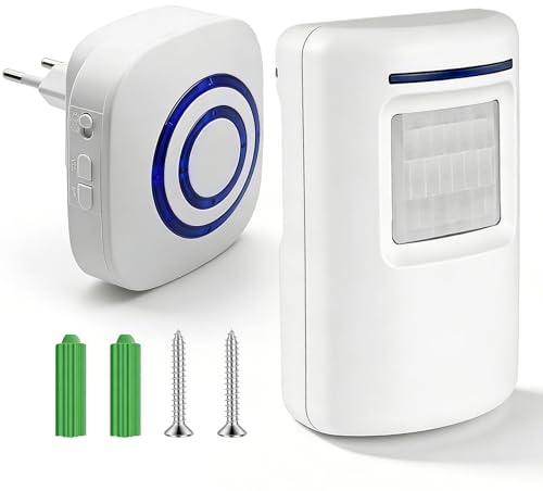 Detector de paso inalámbrico con detector de movimiento, 1 sensor de movimiento PIR y 1 receptor, alarma de paso por radio con 38 tonos de timbre, alarma para tienda, hogar, garaje, autocaravana (1-1)