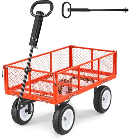 VEVOR Carro de Jardín con Ruedas, Carro de Mano Capacidad Máxima 408 kg, Acero Reforzado con Neumáticos, Paneles Laterales Desmontables, Asa Ajustable para Transporte de Carga Pesada Exterior, Rojo