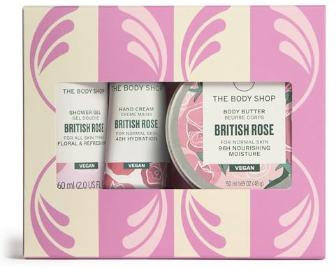 The Body Shop British Rose Mini Gift Set, Shower Gel 60ml, Body Butter 50ml, Hand Cream 30ml, Floral Body Care Trio, Cleansing, 96hr Moisture, Softening Glow, Vegan Skincare Gift