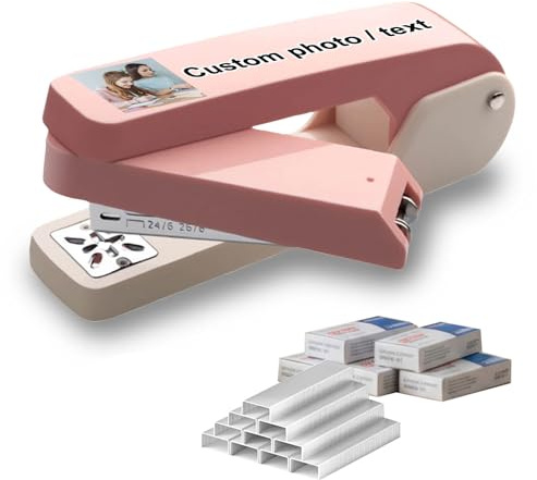 Personalised Stapler, Stapler and Staples Set with 5 Boxes of Staples, Long Arm Staplers with 360° Swivel Head, Custom Staplers for Office Home School Booklet Binding (Pink)