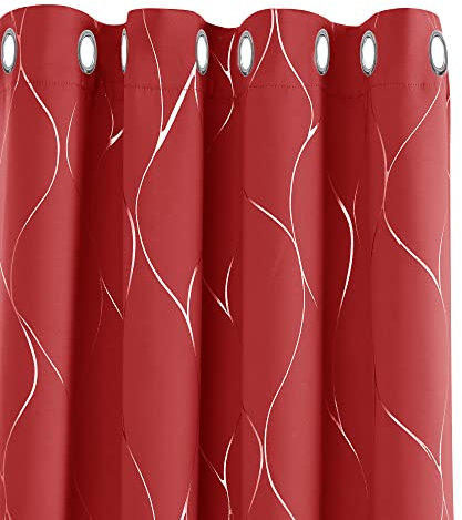 Deconovo Blackout curtains, Eyelet Silver Wave Line Foil Printed Curtains, Thermal Insulated Curtains for Doors, 52 x 90 Inch(Width x Length), Red, 2 panels