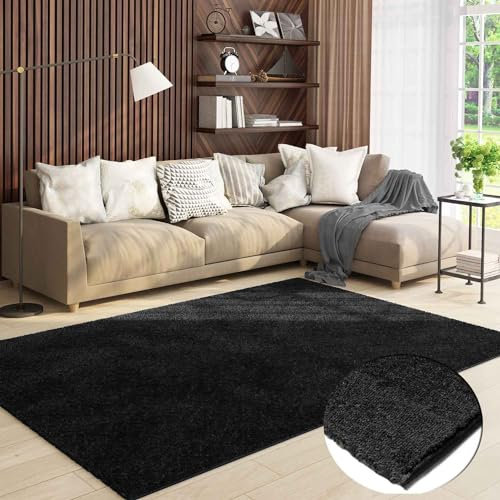 VIMODA Teppich Wohnzimmer Kurzflor Einfarbig für Schlafzimmer kinderzimmer weicher pflegeleichter, versch.- Größen, Farben, Farbe:Schwarz, Size:120x160 cm