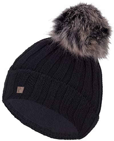 Faera Bommelmütze Mütze Damen gefüttert Wintermütze Strickmütze Mädchen Fleecefutter Beanie 79, Farbe:Schwarz