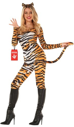 Morph Tigerdräkt Dam - Orange Tigermönstrad Jumpsuit med Fastsydd Svans & Tigeröron, Halloween Maskerad Fest