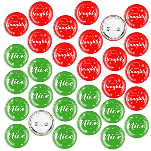 Janmercy 60 Pcs Christmas Button Pins Bulk Funny Nice Naughty Badge Pin Pinback Button Party Favors Buttons Badges Snowflake Santa Hat Print Badge Pin for DIY Christmas Birthday Party Bags Decorations