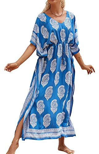 LikeJump Bohemisk v-ringad, kimono, maxi, baddräkter, kaftan, bikini, överdrag, sommar, strandklänning, toppar, C Vit Blå, en storlek