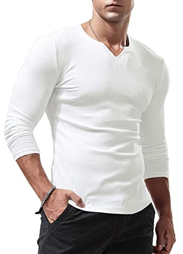 Lehmanlin Camiseta Deportiva de Manga Larga para Hombre, Cuello en V Elástico, Ajuste Musculoso, Ropa Interior Casual, Camisa Térmica de Manga Larga para Hombre de Peso Ligero Blanco S