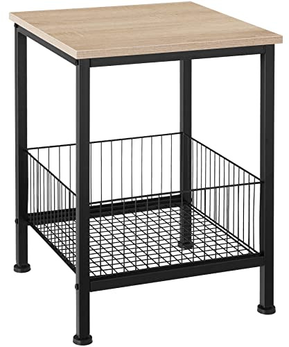 tectake® Beistelltisch mit Stauraum, Couchtisch mit Gitter Korb, Nachttisch 40 x 40 x 55,5 cm, Zimmer Deko Schlafzimmer, Deko Wohnzimmer Möbel, Pflanzenständer - Industrial Holz Hell, Eiche Sonoma