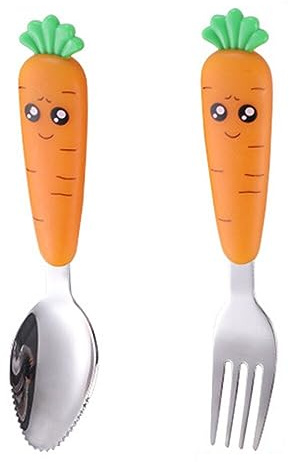 Carrot Baby Cutlery Set, 2pcs Stainless Steel Toddler Tableware Cute Carrot Fork Scraper Spoon Self Feeding Learning Spoons
