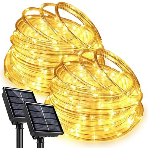 [2 Stück] 100 LED Solar Lichtschlauch, 12M Außen Lichterkette Schlauch Glasklar, LED Lichterketten Außen Warmweiß für Hochzeit, Party und Weihnachten, Die Terasse