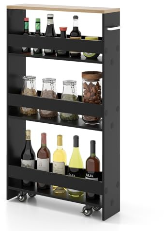 TANGZON 4-Tier Storage Trolley, Slide Out Slim Rolling Kitchen Cart with Wheels & Handle, Space-Saving Utility Shelving Unit for Living Room Laundry Narrow Place (47x13x80cm, Black+Natural)