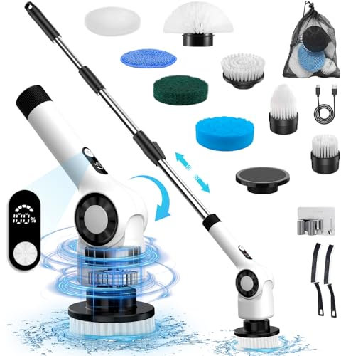 Elektrische Reinigungsbürste, ARORY Akku Reinigungsbürste mit 8 Sustauschbaren Reinigungsköpfen, 3 Geschwindigkeiten, 30-137cm Verstellbarer Langgriff, Elektrische Bürste zum Putzen für Badezimmer