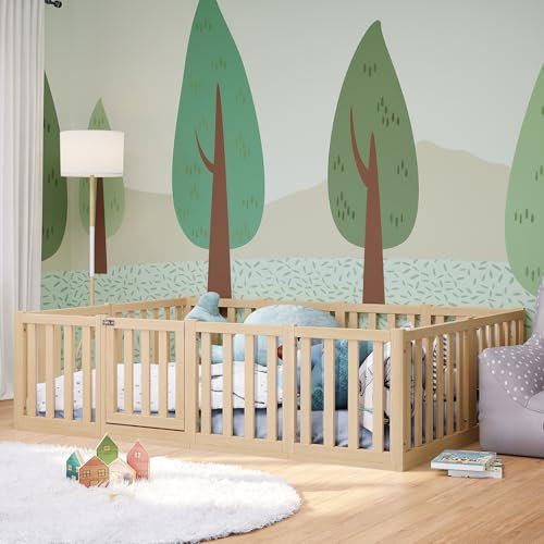 Bellabino Tapi Bett 140x200 cm, Kinderbett mit extra hohem Rausfallschutz mit Tür, inklusive Lattenrost, Montessori Bodenbett für Jungen und Mädchen aus Kiefer Massivholz, Natur lackiert, Bed